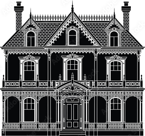 Gothic revival house silhouette with decorative trim and intricate architectural details design