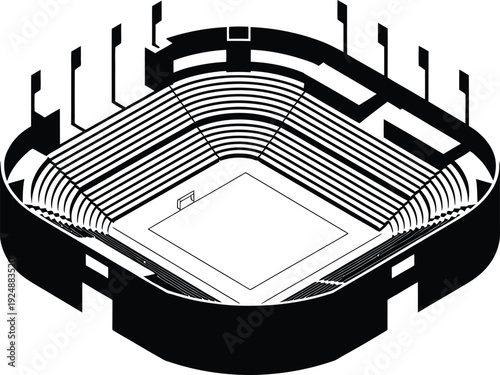 Isometric stadium arena blueprint for soccer or football matches with tiered seating and flags