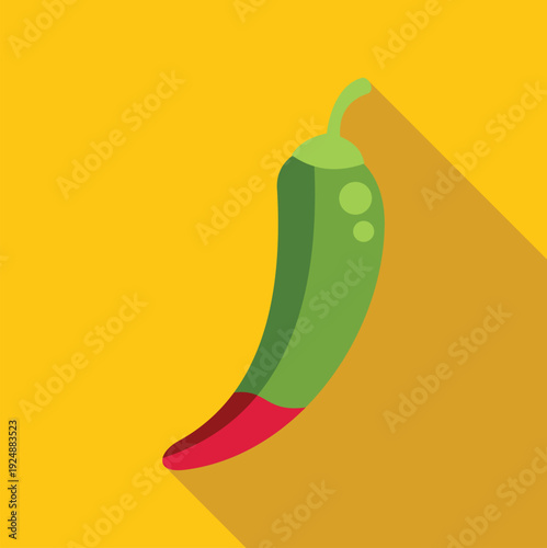 Green and red chili pepper icon with a long shadow on a yellow background
