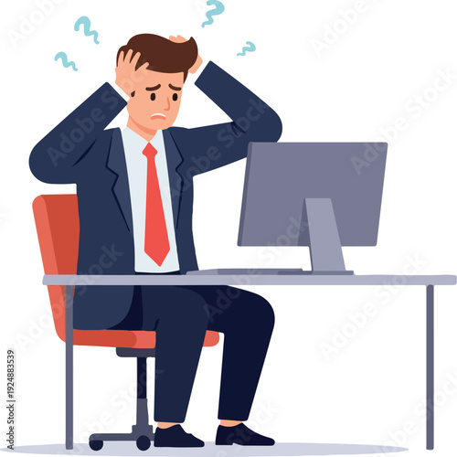 Stressed Businessman Holding Head Sitting at Desk Computer Flat Design Vector