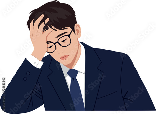 Stressed Businessman Holding Head In Dark Blue Suit With Tie