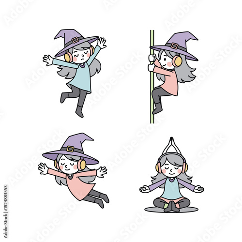 Cartoon witch dancing and posing in various yoga positions with copy space