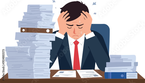 Stressed Businessman With Papers Overwhelmed At Work