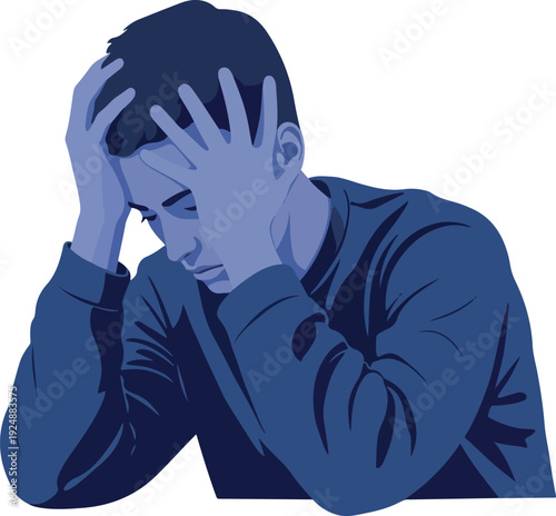 Stressed Man Holding Head Blue Flat Design Isolated Object