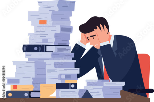 Stressed Businessman Overwhelmed by Huge Stack of Documents on Desk
