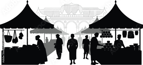 Outdoor market scene with people shopping at stalls against a traditional Asian building background