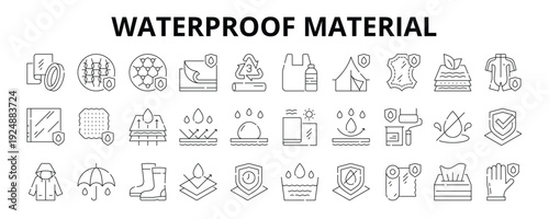 30 Waterproof Material Line Icons Vector - Rubber, Polyester, Silicone, Latex, Hydrophobic, Durable, Polyvinyl