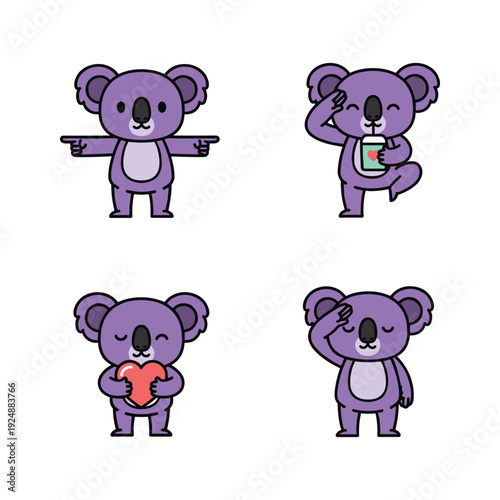 Cute cartoon koalas showing emotions on white background with copy space
