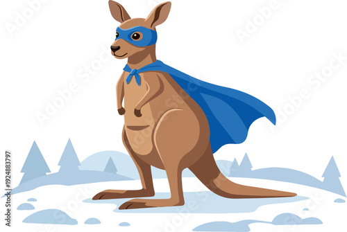 Superhero Kangaroo With Blue Cape Mask In Snowy Forest