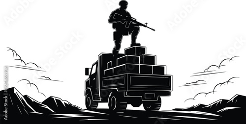 Soldier standing on truck with rifle on mountain landscape with clouds vector illustration