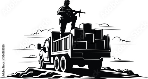 Soldier with rifle standing on truck loaded with boxes, military transport silhouette