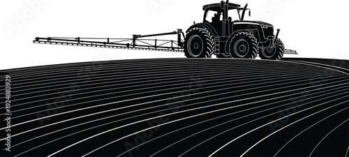 Tractor with sprayer on vast farmland at sunset agriculture concept vector illustration