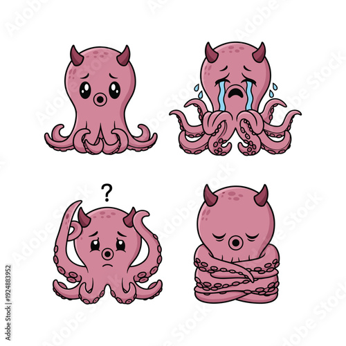 Cartoon octopus expressing different emotions with devil horns and tentacles