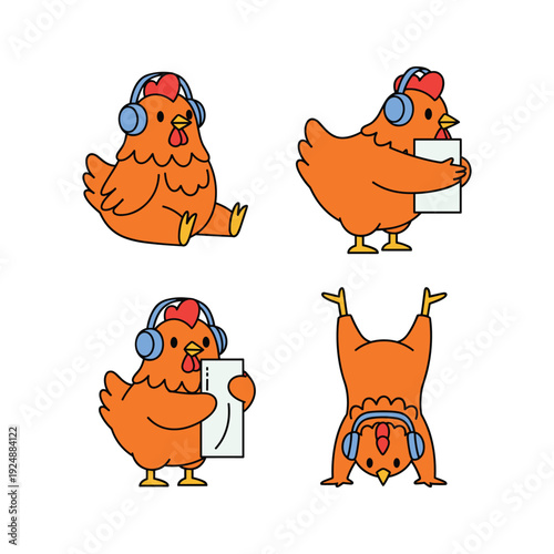 Cartoon chickens wearing headphones and dancing with documents in a fun and playful style