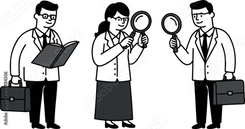Three Business People With Briefcases Holding Magnifying Glasses and Book