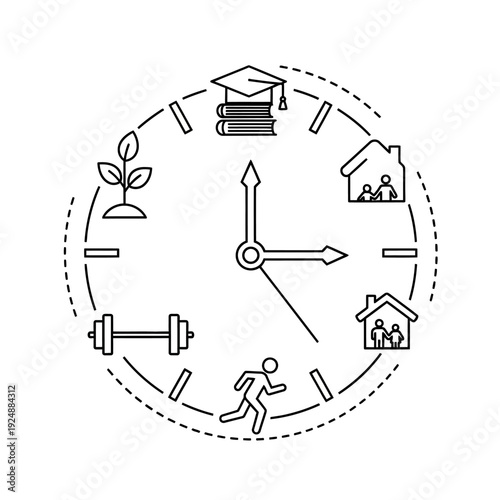 Clock with icons representing life balance and activities.