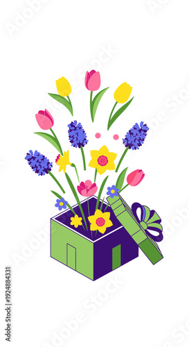 Colorful flowers in a gift box with green ribbon on white background