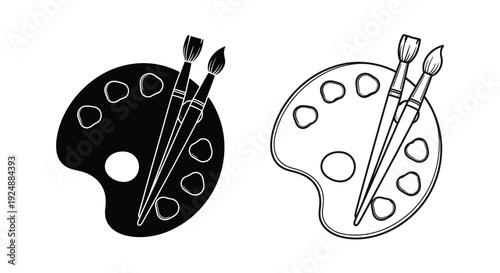 Art supplies a black and white illustration of paint palettes and brushes