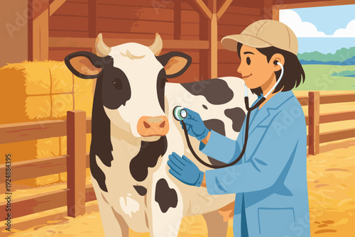 Farm Veterinarian Examining Cow Flat vector illustration of a farm veterinarian examining a cow in a barn using a stethoscope. Hay bales and wooden fence visible. Clean flat vector style, solid colors