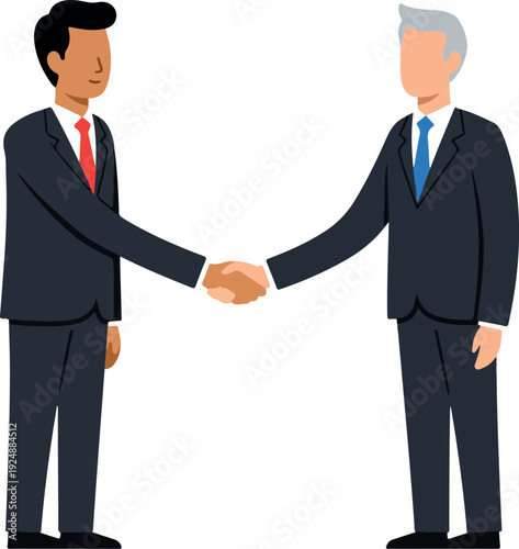 Two businessmen in dark suits shake hands with white background