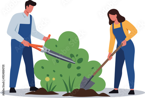 Two Gardeners Pruning Bush With Shears And Shovel Flat Design
