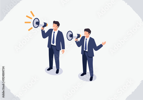 Two Men In Suits With Megaphones Announcing News Flat Design