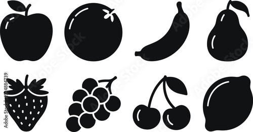 A collection of black and white fruit icons on a clean background
