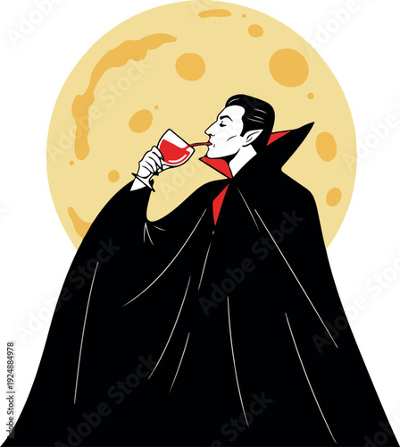 Vampire Drinking Wine Under Yellow Moon Flat Design Vector Illustration