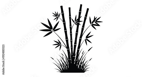 A simple black and white illustration of bamboo stalks and foliage