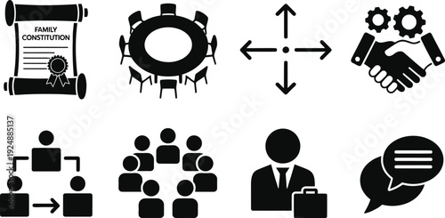A collection of black and white icons representing business and communication concepts