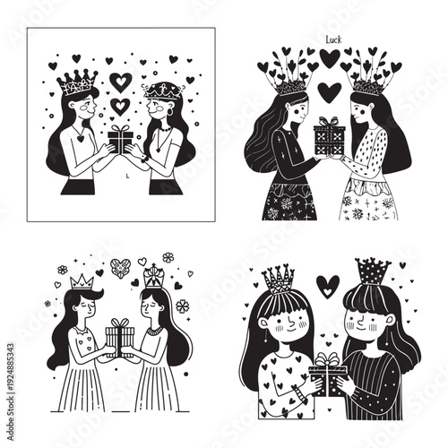 Whimsical illustrations of royal couples in romantic settings