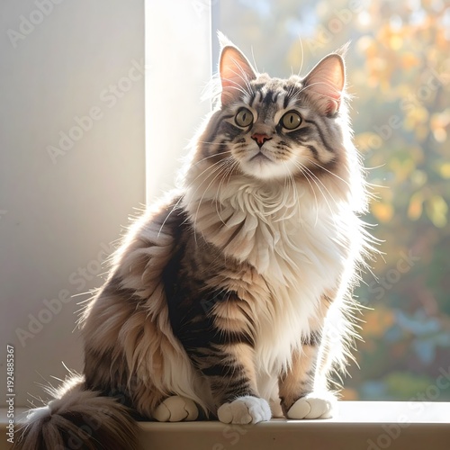 Gato doméstico de pelo largo sentado junto a ventana con luz natural