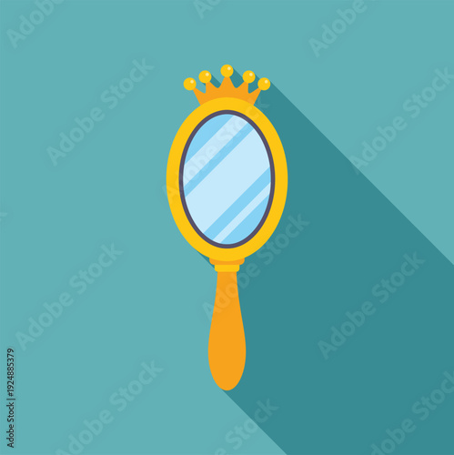 Golden hand mirror featuring a crown on top, reflecting light with long shadow