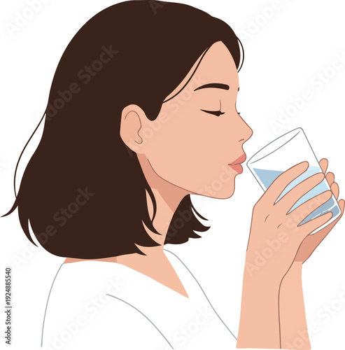 Woman Drinking Water Refreshing Cool Glass Minimalist Flat Design