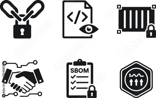 A collection of security and technology icons on a white background