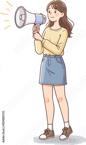 Woman Holding Megaphone Announcing News With Yellow Sparkles Isolated