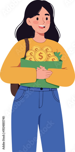 Woman Holding Green Bag Full Of Gold Coins And Dollar Signs