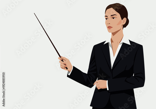 Woman In Dark Suit With Pointer Stick Focused On Presentation