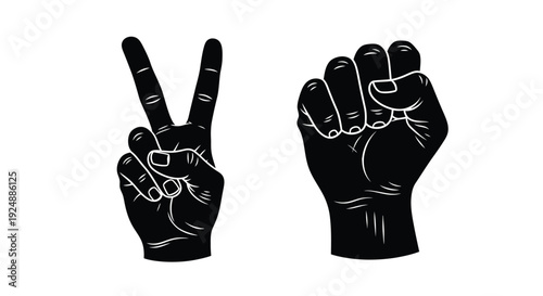Two hands making opposing gestures peace sign and clenched fist