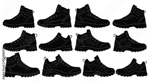 Black and white outline illustration of hiking boots in various perspectives