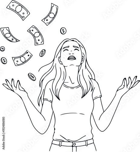 Woman Rejoicing Falling Money Coins Cash Wealth Fortune Success Celebration