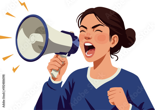 Woman Shouting Loudly Through Megaphone Blue Sweater White Background Vibrant Energy