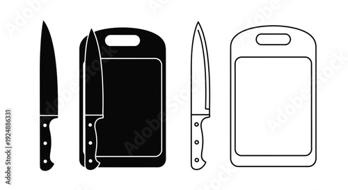 Simple black and white illustration of kitchen knives and cutting boards