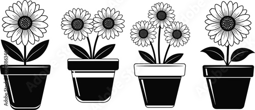 Cartoon illustration of flower pots with blooming flowers, educational design for counting, sequence recognition, arithmetic learning, and pattern art