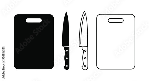 Simple black and white illustration of kitchen cutting tools and boards