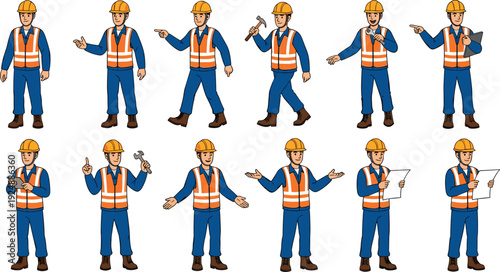Cartoon construction worker in hard hat and safety vest performing various tasks with tools, clipboard, and gestures for workplace illustration