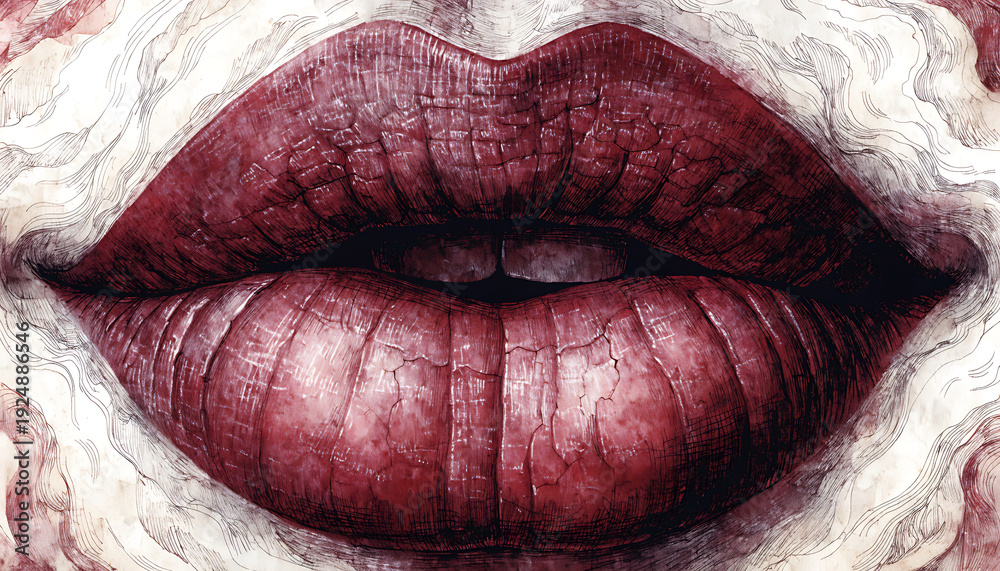 Obraz premium Close-up hyper-realistic dark purple lips with glossy texture on vintage lace background beauty makeup