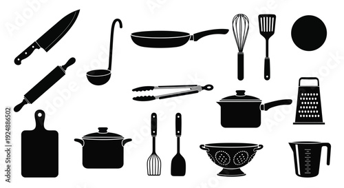 Black silhouette icons of various kitchen tools and cookware items