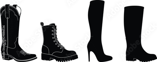 Collection of cowboy, combat, fashion, and knee-high boots with decorative stitching, rugged tread, stiletto heel, and practical design illustration