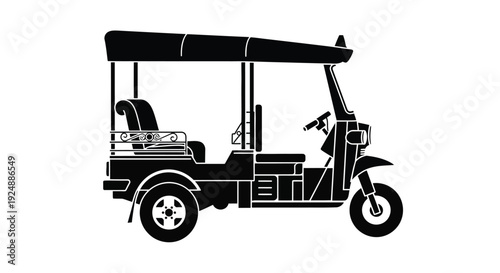 Black and white silhouette of a traditional three wheeled vehicle
